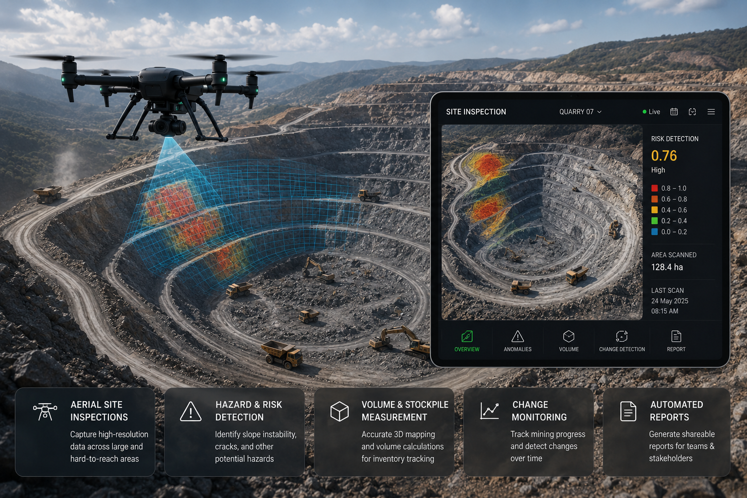 Key1 Aerospace autonomous drone performing mining and quarry inspection — volumetric analysis, stockpile measurement and pit mapping in India