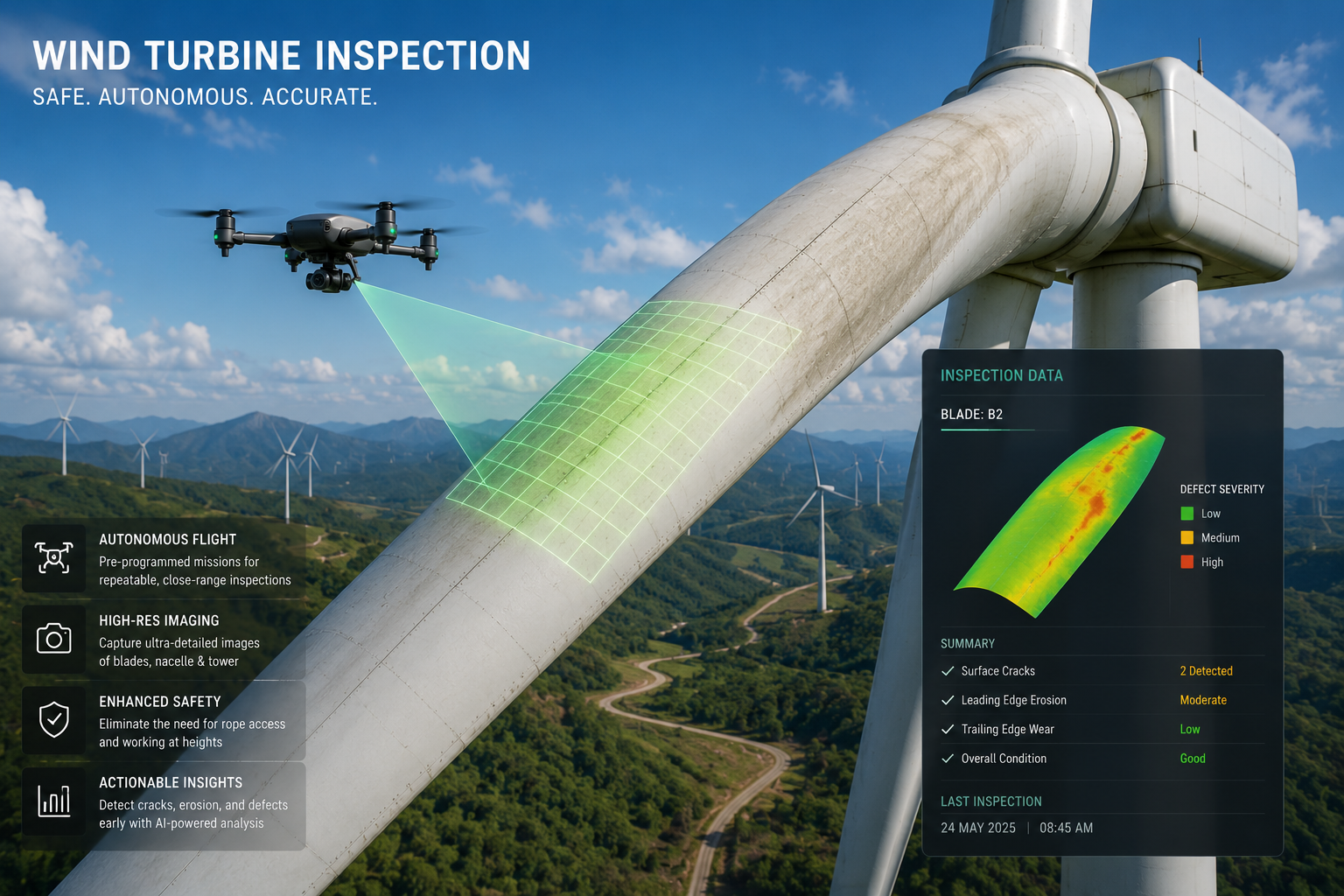 Key1 Aerospace drone performing autonomous wind turbine blade inspection — detecting cracks, erosion and structural fatigue