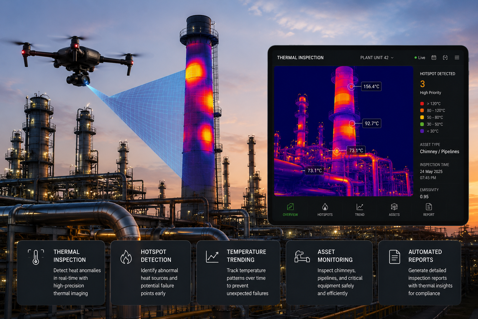 Key1 Aerospace FLIR thermal imaging drone for industrial inspection — detecting heat anomalies in pipelines, electrical infrastructure and refineries
