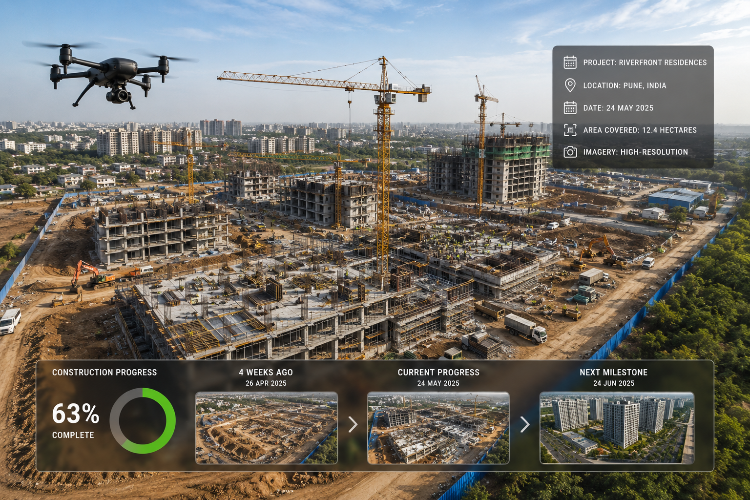 Key1 Aerospace drone aerial photogrammetry for construction site progress monitoring — 3D mapping, earthwork tracking and milestone documentation in India