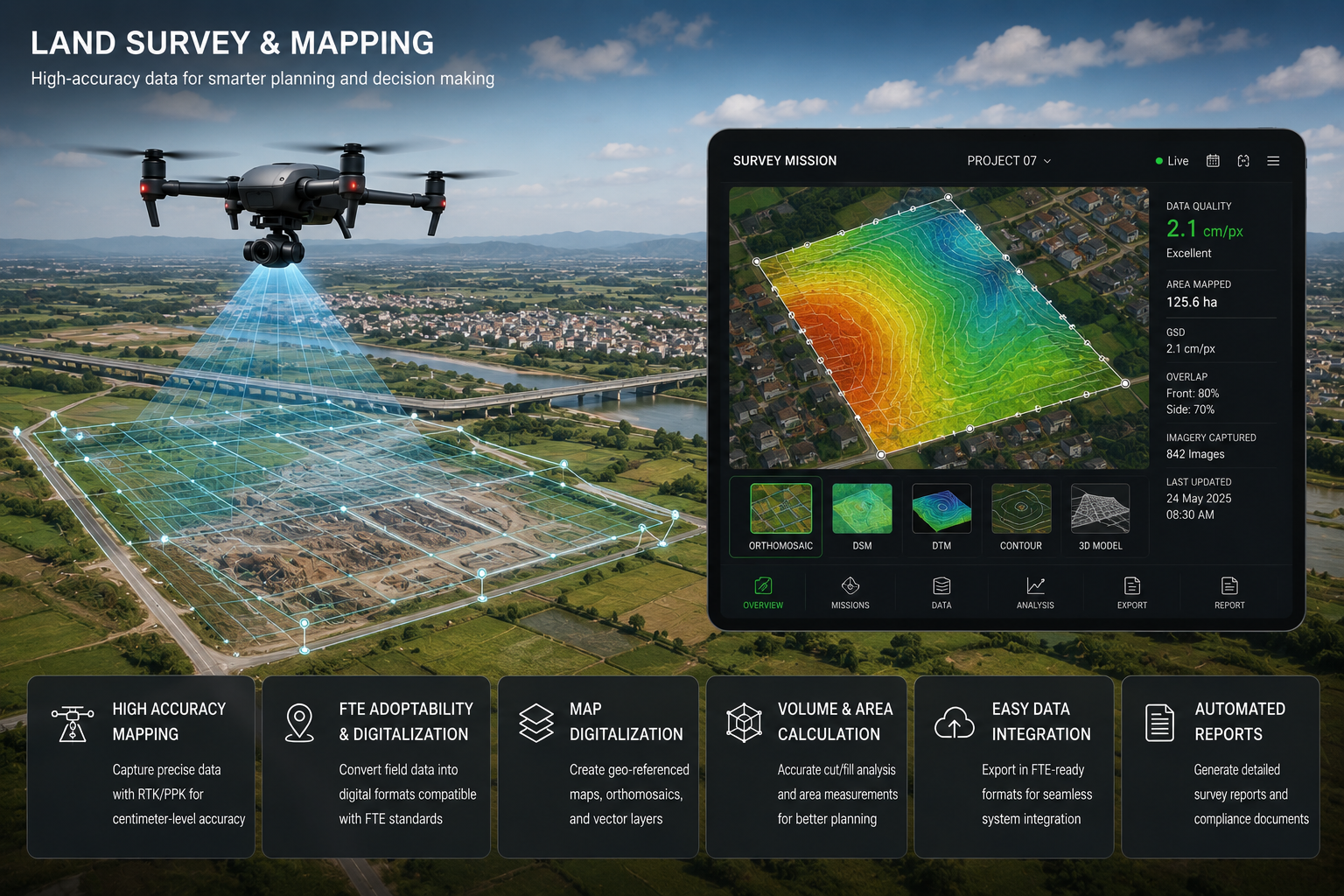 Key1 Aerospace fixed-wing VTOL drone for RTK-accurate land survey and mapping — orthomosaic, DEM, DTM and 3D model generation in India